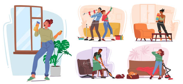 Joyful Tunes Echo As People Vacuum, Mop, And Dust, Transforming Chores Into A Rhythmic Dance. Music Infuses The Cleaning Ritual With Energy, Creating A Harmonious Atmosphere In The Home. Vector Set